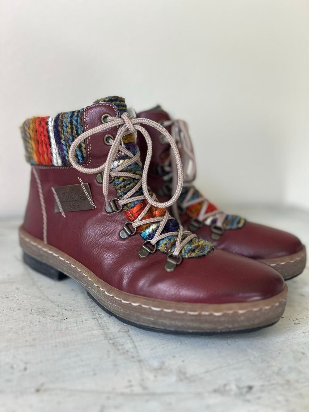 Rieker 1874 Burgundy Knit Cuff Ankle Boots hiking artsy boho hippie 41 / 10